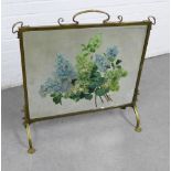 Art nouveau brass framed spark / fire guard with a floral painted glass panel, 72 x 70cm