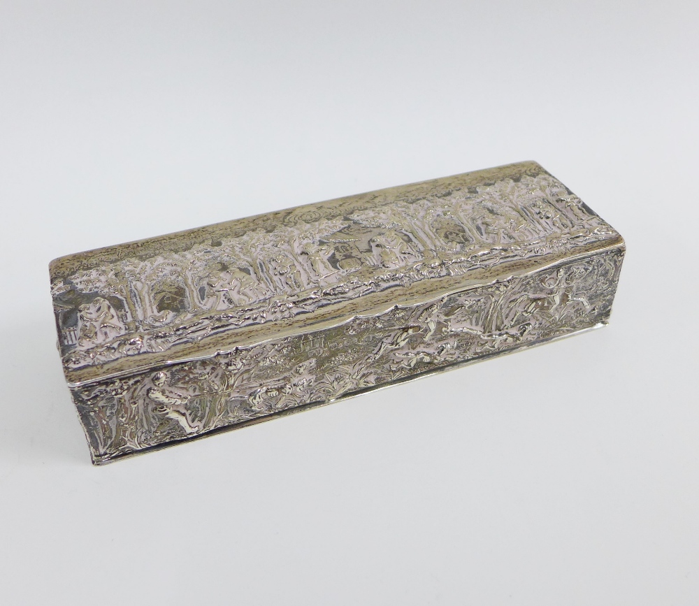 Late Victorian silver box, the side embossed with fox hunting scene, with figures to the lid, Thomas