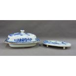 Chinese Export blue and white rectangular serving dish with a domed cover and original pierced