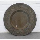 Large pressed metal tray with foliage and peacock pattern, 79cm diameter,