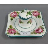 Wemyss pottery cabbage rose pattern inkwell complete with a glass liner and cover, green painted
