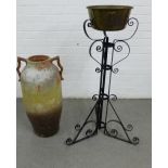 Black wrought stand with a brass pan to the top and a terracotta type floor standing vase, (2)