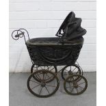 Small baby's pram with canvas and wicker hood, 60cm high