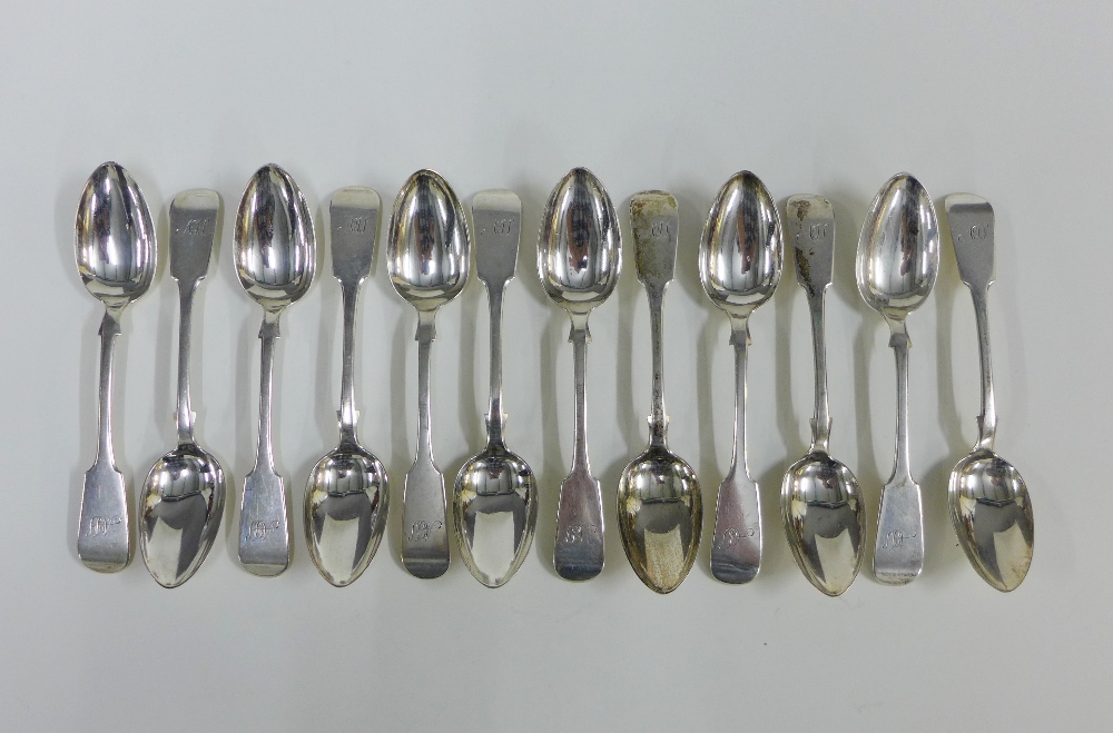 Set of twelve provincial silver teaspoons, fiddle pattern with engraved initials, struck with makers