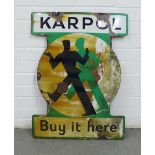 Vintage 'Karpol - Buy it Here' green, white and black enamel sign, 72 x 54cm