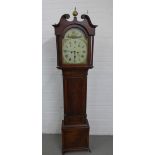 19th century mahogany longcase clock, the painted dial with floral spandrels and Roman numerals, 220