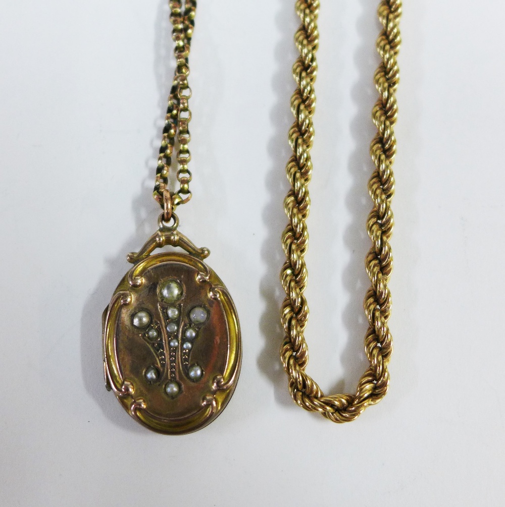 9ct gold rope twist necklace together with a yellow metal chain with seed pearl locket (a lot) - Image 3 of 4