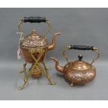 Copper and brass Beldray spirit kettle on stand together with a teapot, (2)