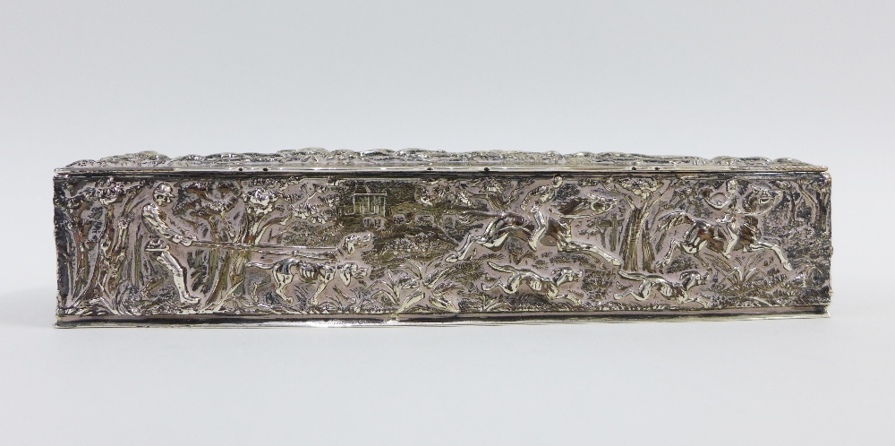 Late Victorian silver box, the side embossed with fox hunting scene, with figures to the lid, Thomas - Image 4 of 4