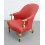 Red upholstered armchair with parcel gilt spiral arms and legs, 80 x 58cm