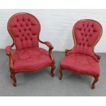 Buttonback armchair with red damask style upholstery together with a chair in matching fabric, 92