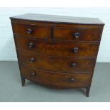 19th century mahogany bow front chest with two short and three graduating long drawers, on bracket