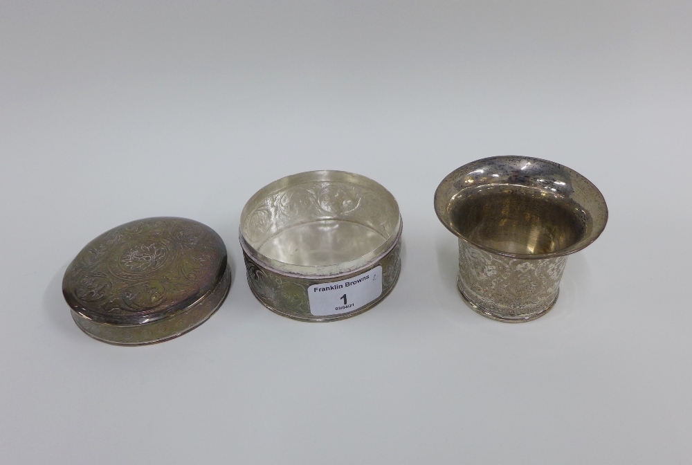 Eastern silver to include a beaker and a circular box and cover, both with foliate engraved - Image 2 of 5