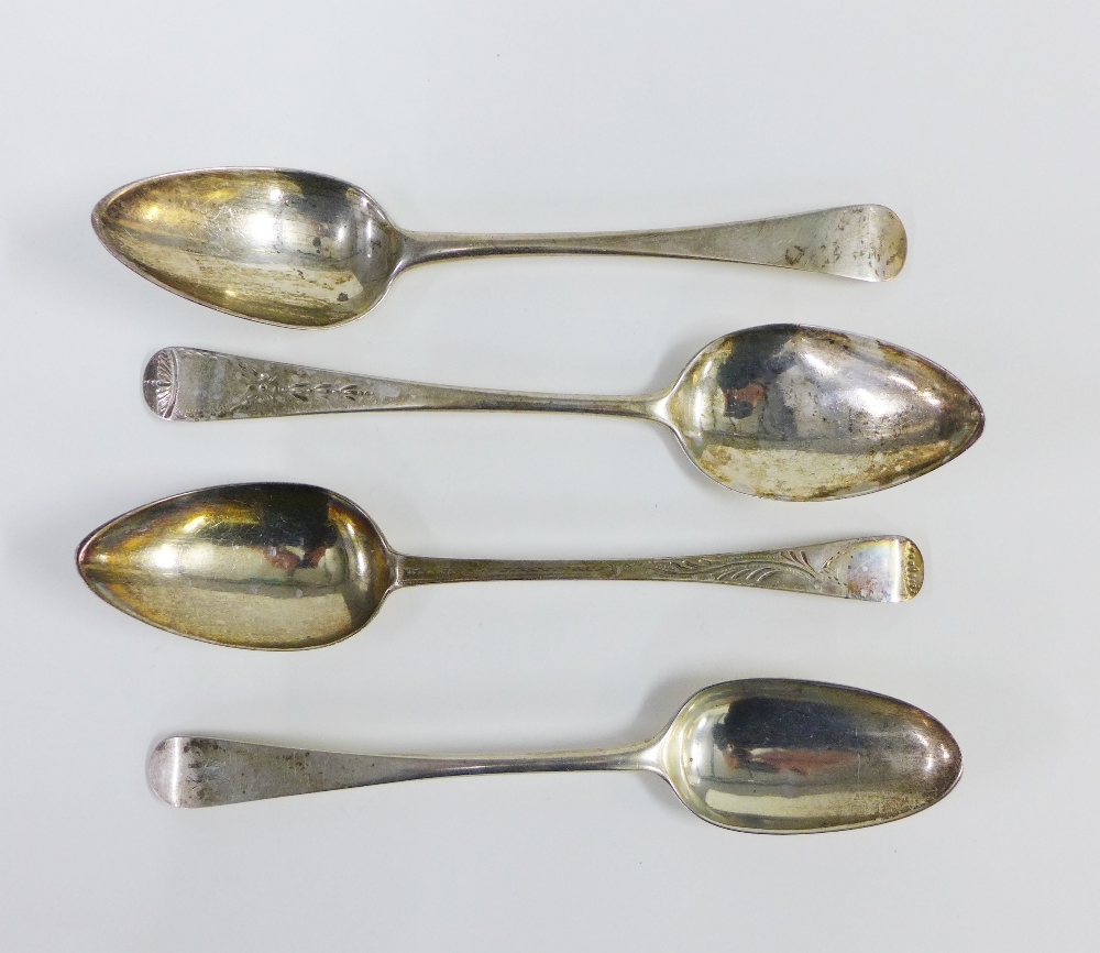 Four Georgian silver tablespoons, to include two by John Langlands, one by Tom Watson and another (