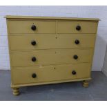 19th century yellow painted chest, with two short and three graduating long drawers, with bun