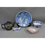 Mixed lot to include a small Staffordshire blue and white jug, bowl, Chinese prunus dish - restored,