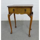 Burr walnut low boy style table with a single frieze drawer and cabriole legs, 60 x 47cm