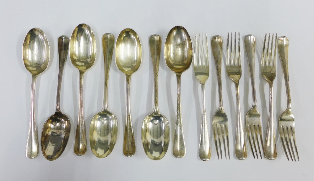 Set of six silver forks and seven silver spoons, Hanoverian pattern, mixed makers, approx weight 650