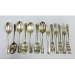 Set of six silver forks and seven silver spoons, Hanoverian pattern, mixed makers, approx weight 650
