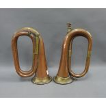 Two copper and brass bugles, (2) (a/f)