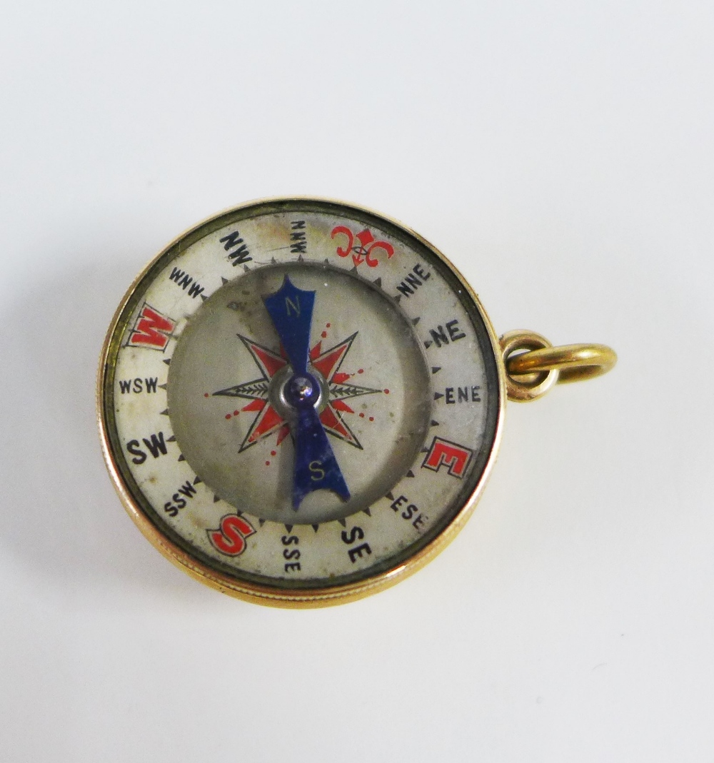 18ct gold mounted barometer and compass pendant, stamped 18ct, 3cm diameter, with a Burchett - Image 3 of 3