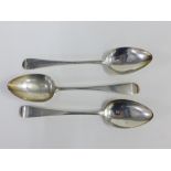 Three Scottish provincial silver Old English pattern table spoons, with pointed ends, by Alexander