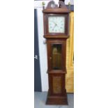 Oak cased Grandfather clock with a painted dial with spider's web spandrels and Roman numerals,