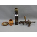 Three draw leather and brass telescope and a cartridge shot maker, oak plaque and barrel (4)