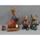 Collection of four painted wooden animals to include a duck and a rabbit, etc tallest 50cm (4)