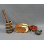 Mixed lot to include a turned wooden mortar and pestle, vintage Chesterman tape measure, MKIII