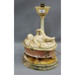 Early 20th century alabaster table lamp base, the base with an oval box, its cover with a cherub,