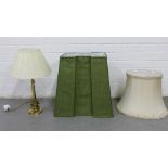 Modern brass table lamp and two shades, largest 46 x 35cm (3)