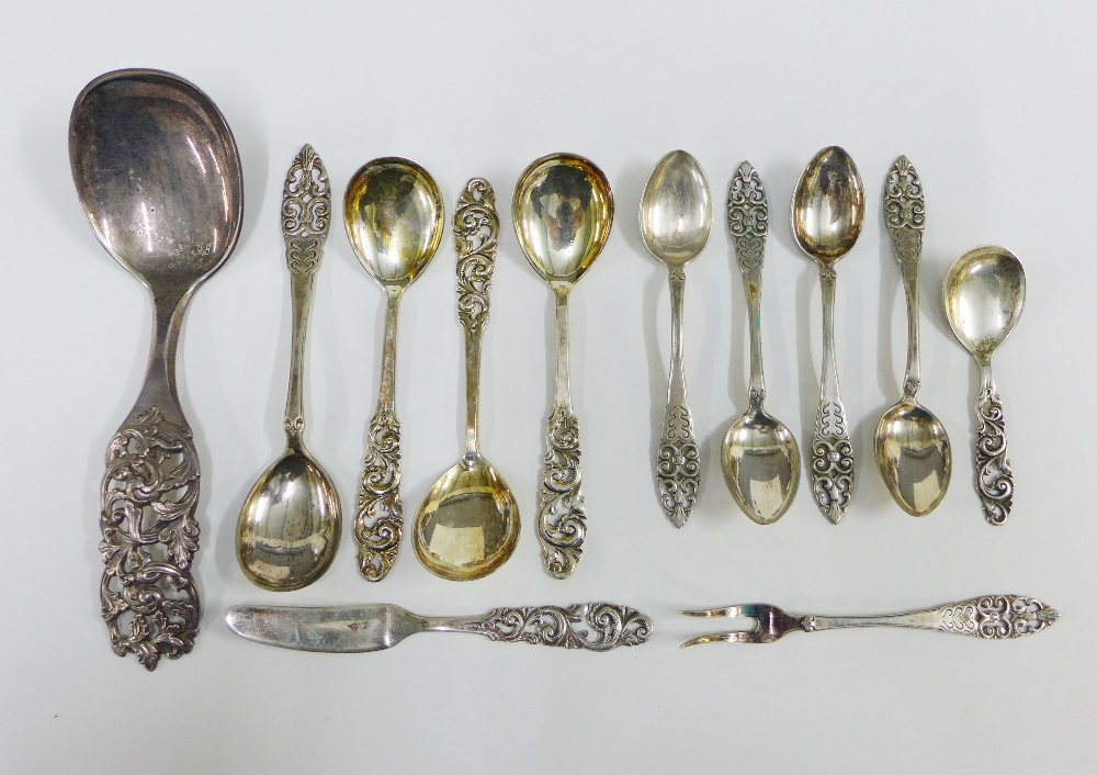 Norwegian silver flatware to include a spoon, stamped R. Elvesaeter, four others stamped Mylius