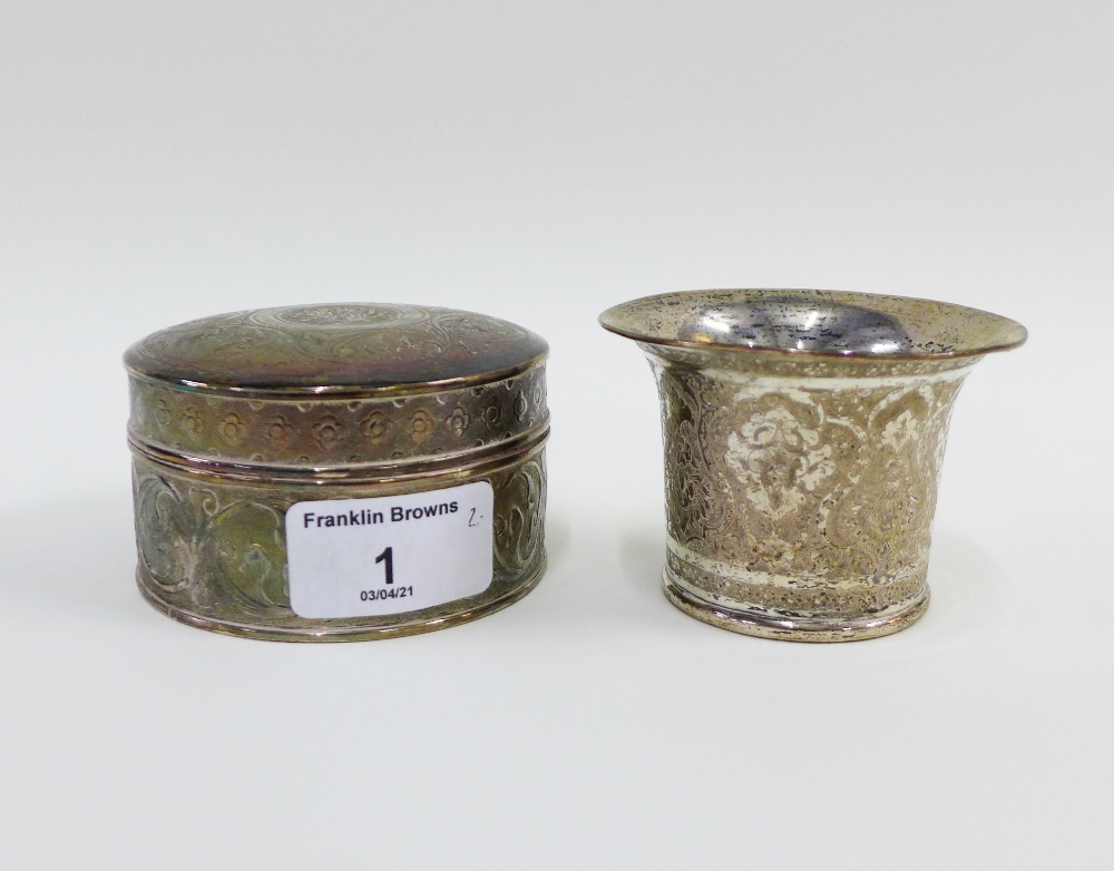 Eastern silver to include a beaker and a circular box and cover, both with foliate engraved