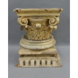 Painted wooden Capitol from a Corinthian column, 32 x 22cm, together with a two wooden base