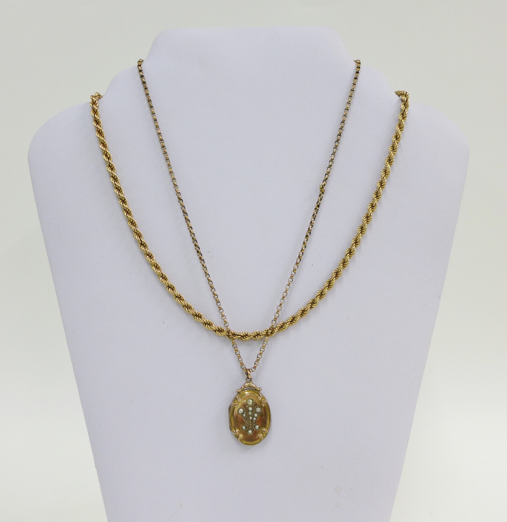 9ct gold rope twist necklace together with a yellow metal chain with seed pearl locket (a lot)