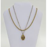 9ct gold rope twist necklace together with a yellow metal chain with seed pearl locket (a lot)