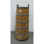 Iron bound wooden stick stand / barrel of tapering cylindrical form, 70cm high