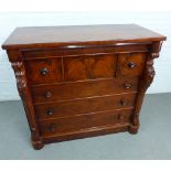 Victorian flame mahogany Scotch chest with three short drawers and three long drawers, flanked by