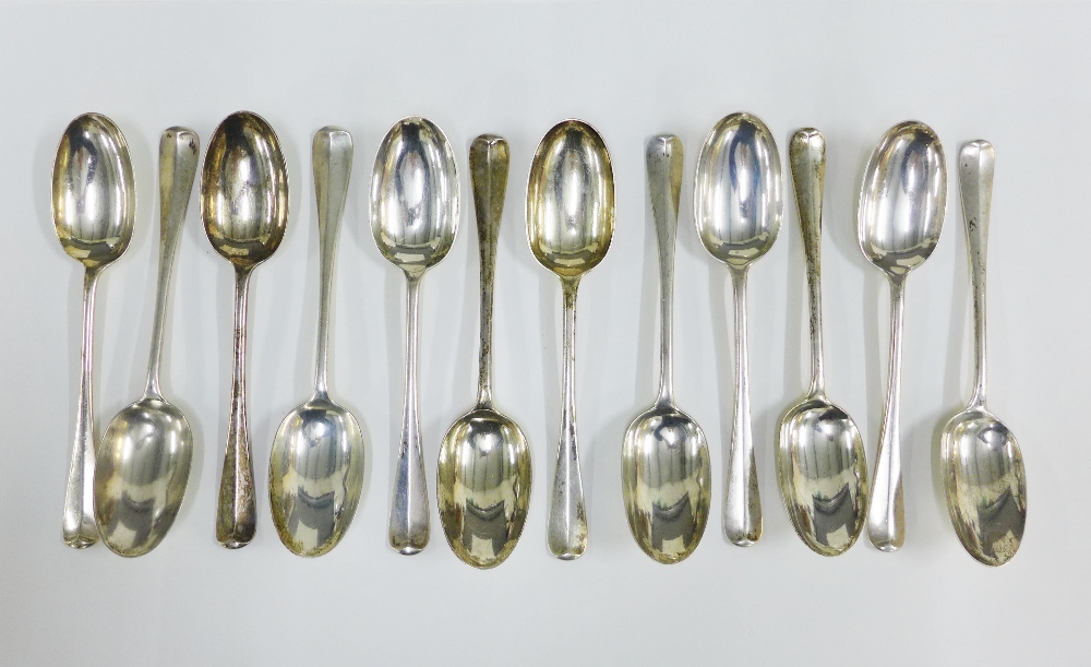 Set of six Victorian silver table spoons, Hanoverian pattern with rat tail bowls, Mappin Brothers,