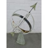 Large garden Armillary sun dial with signs of the Zodiac on a copper band, Sun dial, 80 x 46cm