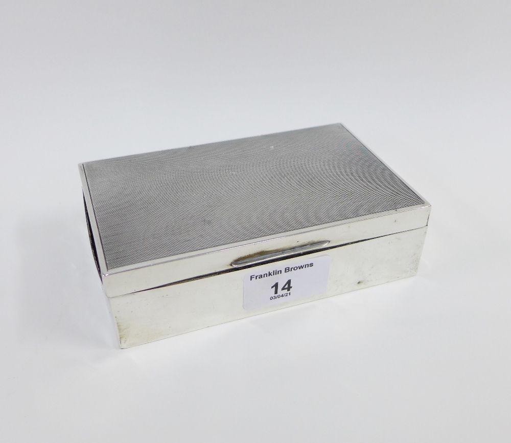 George VI silver cigarette box, with engine turned hinged lid and cedar lined interior, Birmingham