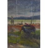 Fishing boats at Low tide, oil on board, apparently unsigned, framed under glass, 17 x 25cm