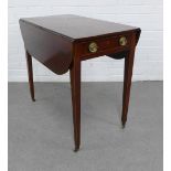 Mahogany and inlaid Pembroke table with ring handles, tapering legs and brass castors, 76 x 70 x