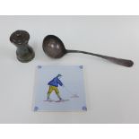 Silver pepper grinder, Birmingham 1960, an Epns Walker & Hall ladle and a Delft 'Golfer' tile (3)