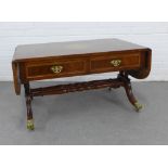 Sofa table, with two frieze drawers with brass handles, on paw feet, 95 x 52 x 57cm