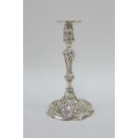 George III silver knop stem taper stick with detachable scone, chased with foliate scrolls and