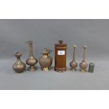 Mixed lot to include a mahogany cylindrical box and cover, five various brass vessels and a pewter