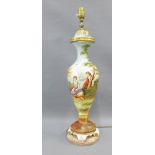 Porcelain table lamp base painted with figures and landscape, 50 cm high excluding fitting