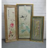 Three 20th century Chinese embroidered panels, one with figures the others with birds, largest 40